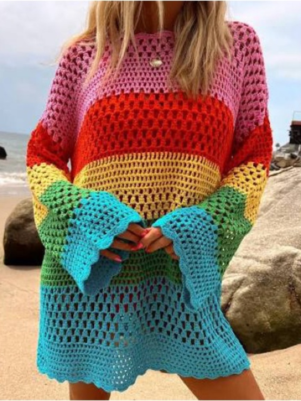 Show Me Your Mumu Paula Pullover size S Crochet Rainbow Beach Cover-Up Sweater